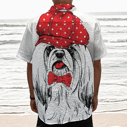Red Cap Yorkshire Terrier Print Textured Short Sleeve Shirt