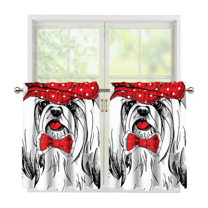 Red Cap Yorkshire Terrier Print Tier Curtains