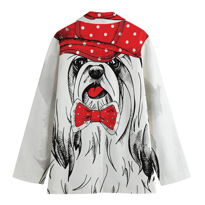 Red Cap Yorkshire Terrier Print Women's Cotton Blazer