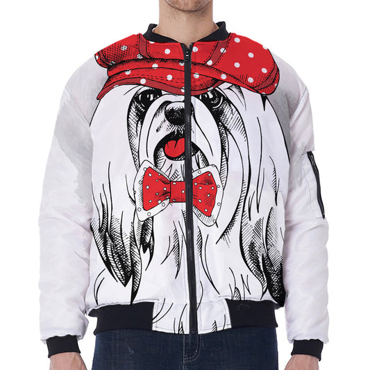 Red Cap Yorkshire Terrier Print Zip Sleeve Bomber Jacket
