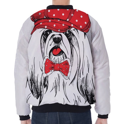 Red Cap Yorkshire Terrier Print Zip Sleeve Bomber Jacket