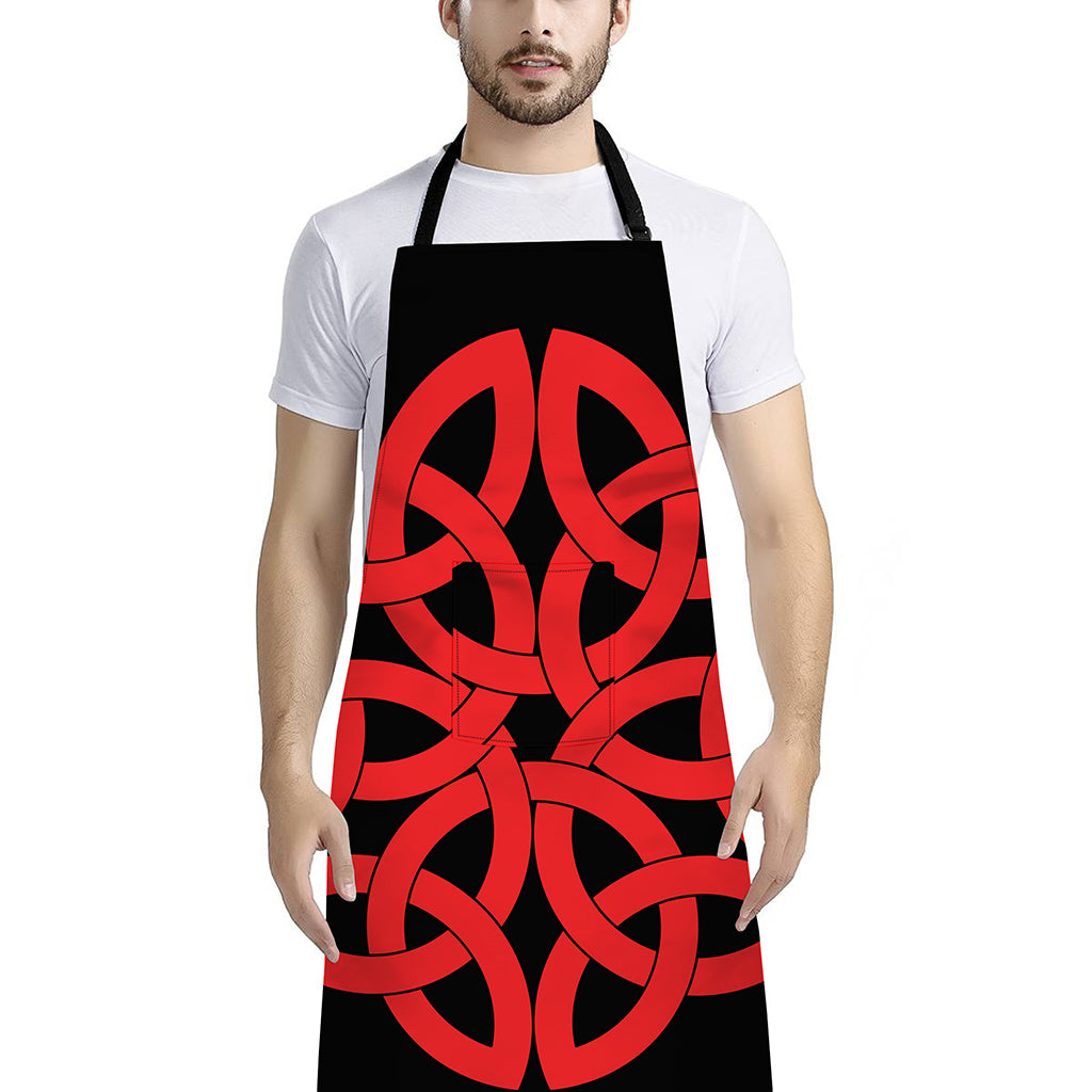 Red Celtic Knot Print Bib Apron With Pocket
