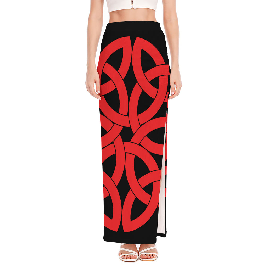 Red Celtic Knot Print High Slit Maxi Skirt