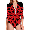 Red Celtic Knot Print Long Sleeve Swimsuit