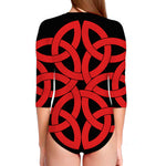 Red Celtic Knot Print Long Sleeve Swimsuit