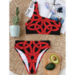 Red Celtic Knot Print One Shoulder Bikini Top