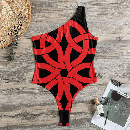Red Celtic Knot Print One Shoulder Bodysuit