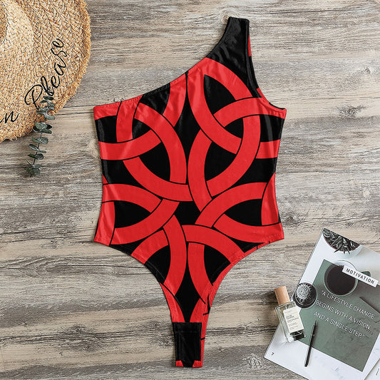 Red Celtic Knot Print One Shoulder Bodysuit