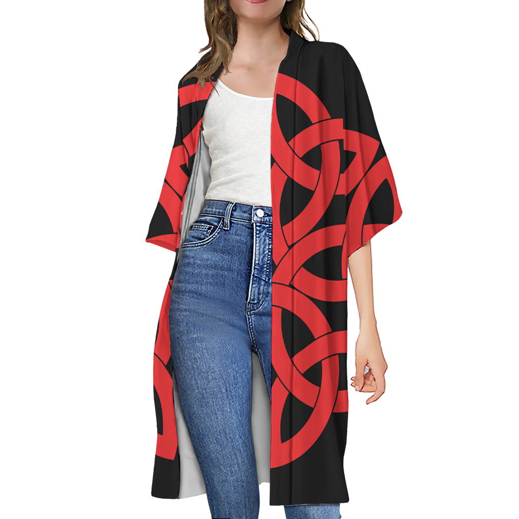 Red Celtic Knot Print Open Front Beach Cover Up