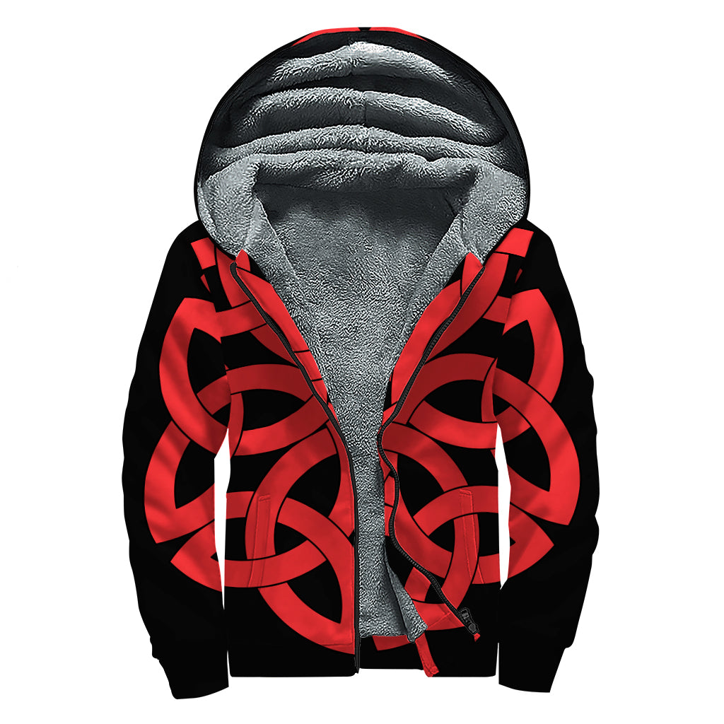 Red Celtic Knot Print Sherpa Lined Zip Up Hoodie