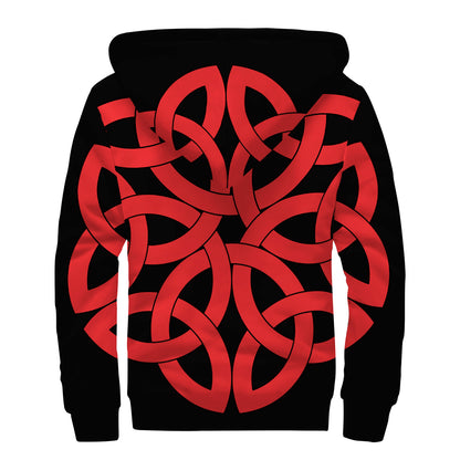 Red Celtic Knot Print Sherpa Lined Zip Up Hoodie