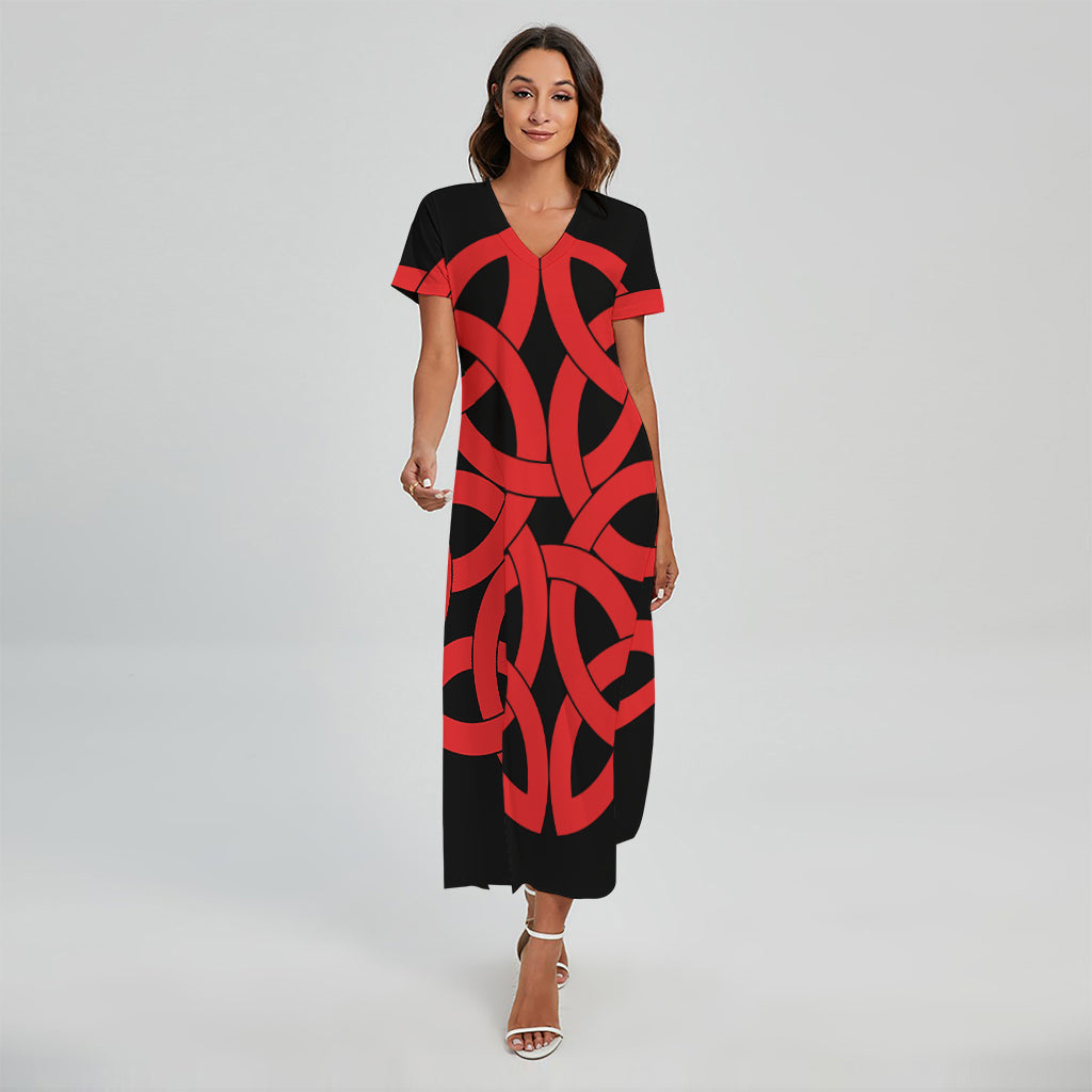 Red Celtic Knot Print Short Sleeve Maxi Dress