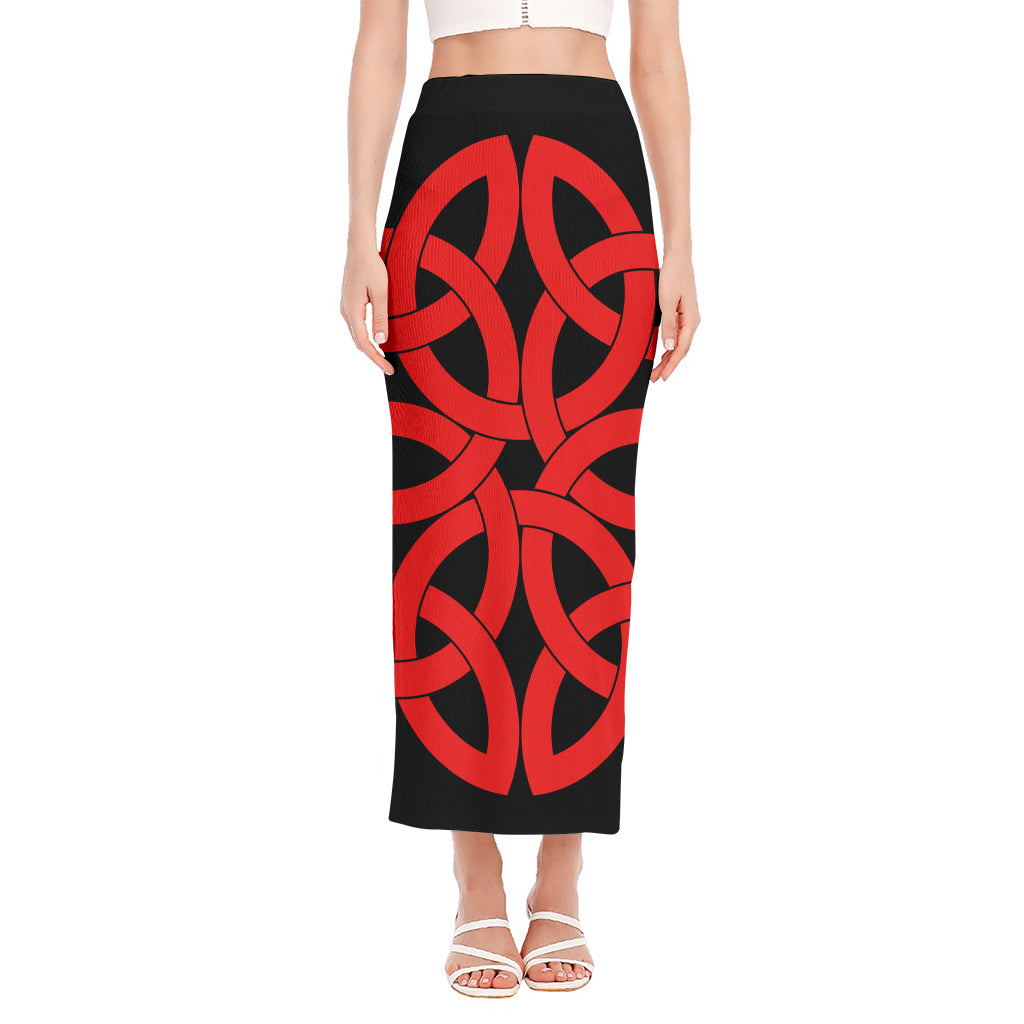 Red Celtic Knot Print Side Slit Maxi Skirt