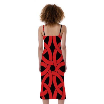 Red Celtic Knot Print Slim Fit Midi Cami Dress