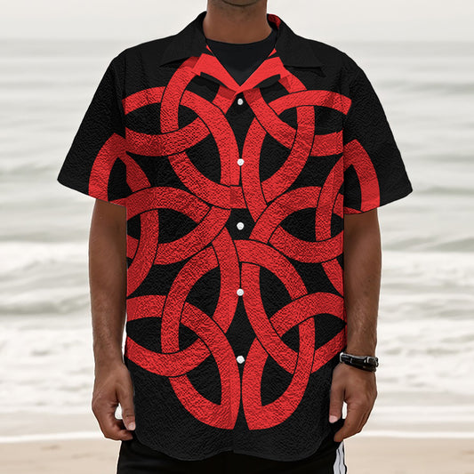 Red Celtic Knot Print Textured Short Sleeve Shirt