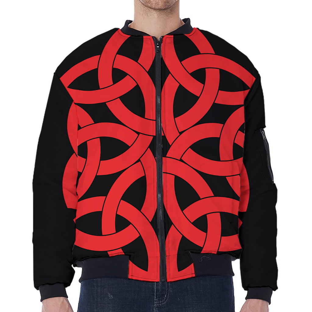 Red Celtic Knot Print Zip Sleeve Bomber Jacket