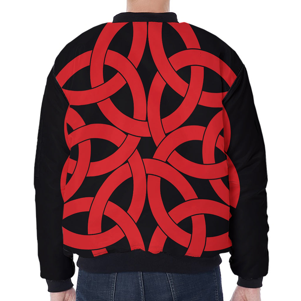 Red Celtic Knot Print Zip Sleeve Bomber Jacket