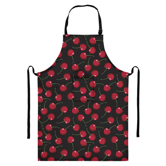 Red Cherry Pattern Print Bib Apron With Pocket