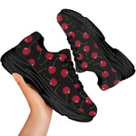 Red Cherry Pattern Print Black Chunky Shoes