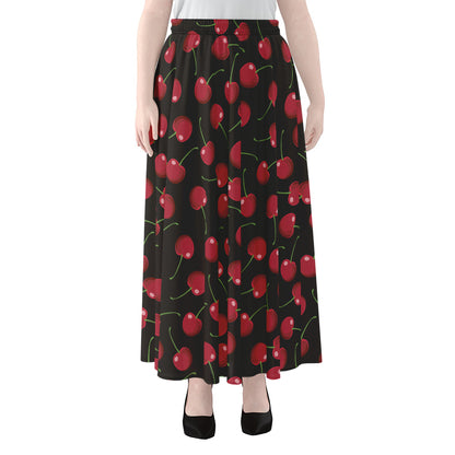 Red Cherry Pattern Print Chiffon Maxi Skirt