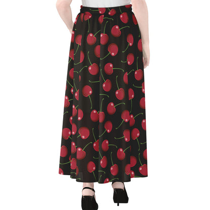 Red Cherry Pattern Print Chiffon Maxi Skirt