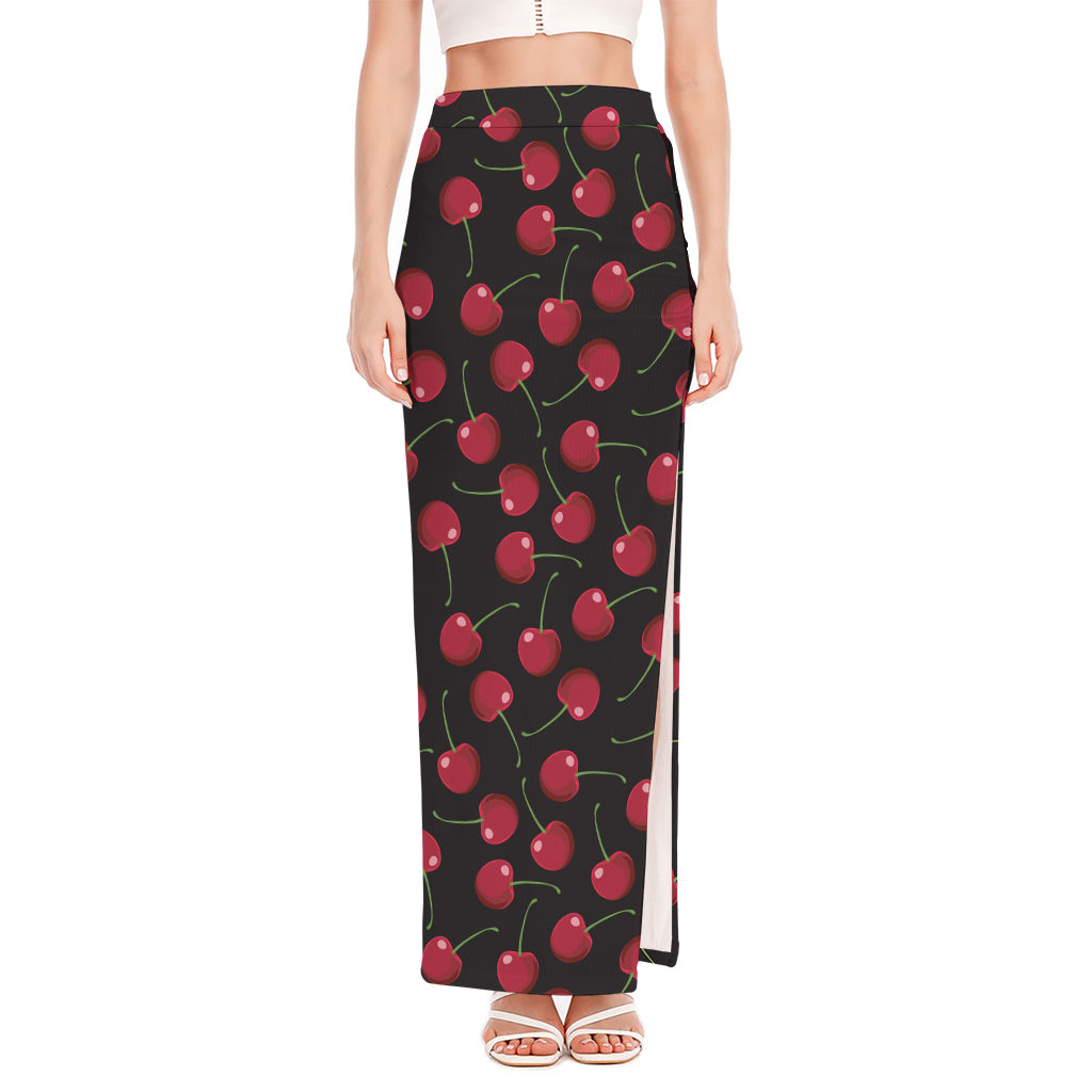 Red Cherry Pattern Print High Slit Maxi Skirt
