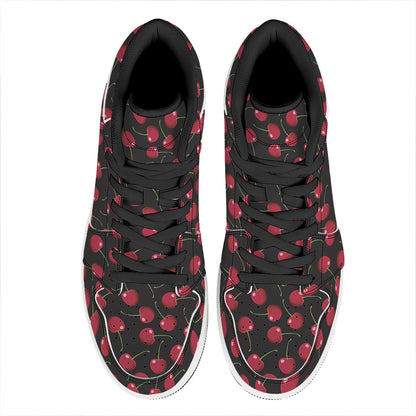 Red Cherry Pattern Print High Top Leather Sneakers
