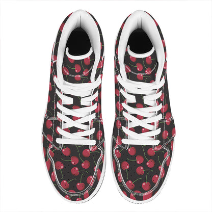 Red Cherry Pattern Print High Top Leather Sneakers