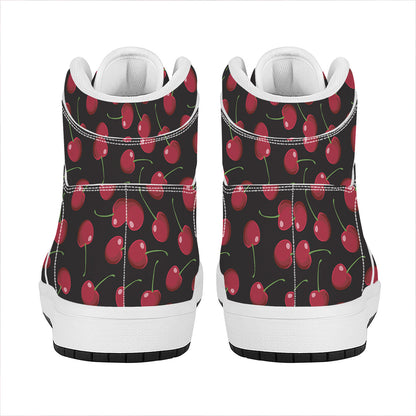 Red Cherry Pattern Print High Top Leather Sneakers