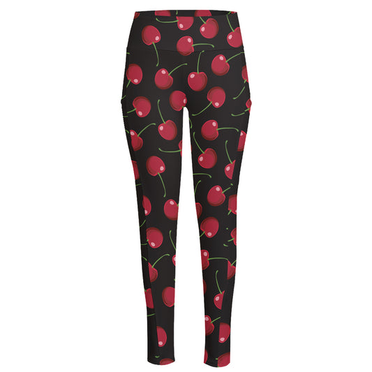 Red Cherry Pattern Print High-Waisted Pocket Leggings