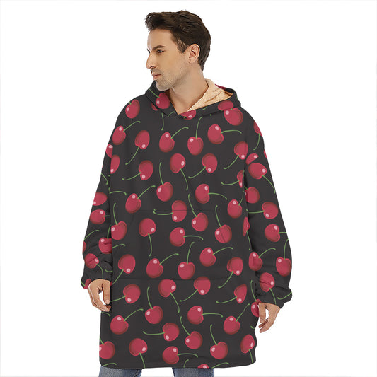 Red Cherry Pattern Print Hoodie Blanket