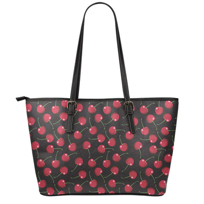 Red Cherry Pattern Print Leather Tote Bag
