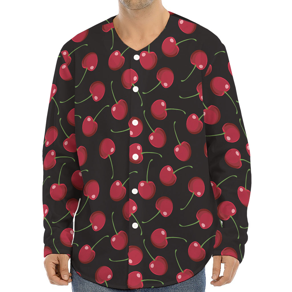 Red Cherry Pattern Print Long Sleeve Baseball Jersey