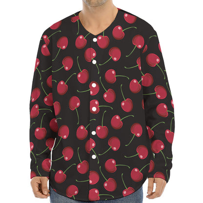 Red Cherry Pattern Print Long Sleeve Baseball Jersey