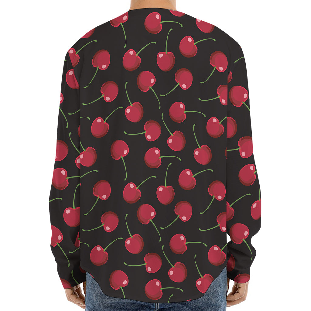 Red Cherry Pattern Print Long Sleeve Baseball Jersey