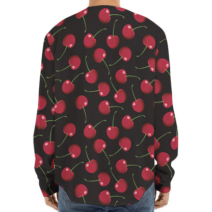 Red Cherry Pattern Print Long Sleeve Baseball Jersey