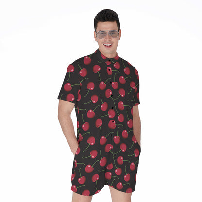 Red Cherry Pattern Print Men's Rompers