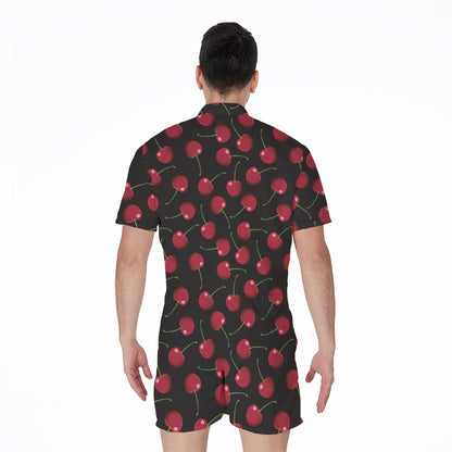 Red Cherry Pattern Print Men's Rompers