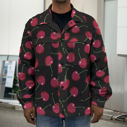 Red Cherry Pattern Print Men's Shirt Jacket