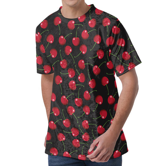 Red Cherry Pattern Print Men's Velvet T-Shirt