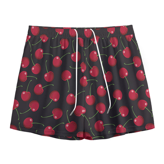 Red Cherry Pattern Print Mesh Shorts