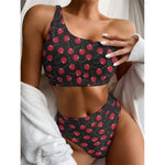 Red Cherry Pattern Print One Shoulder Bikini Top