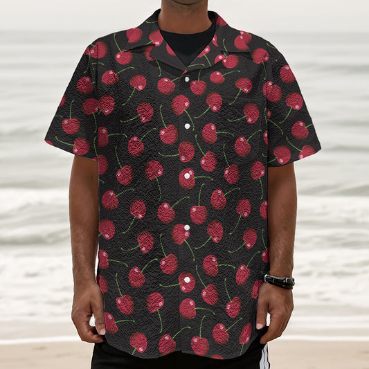 Red Cherry Pattern Print Textured Short Sleeve Shirt
