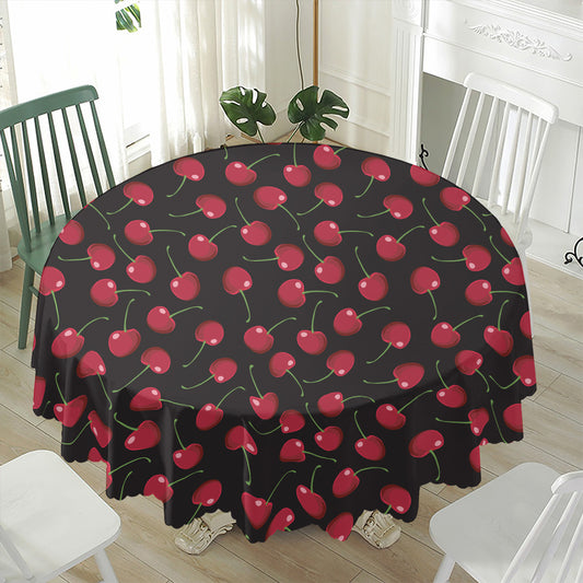 Red Cherry Pattern Print Waterproof Round Tablecloth