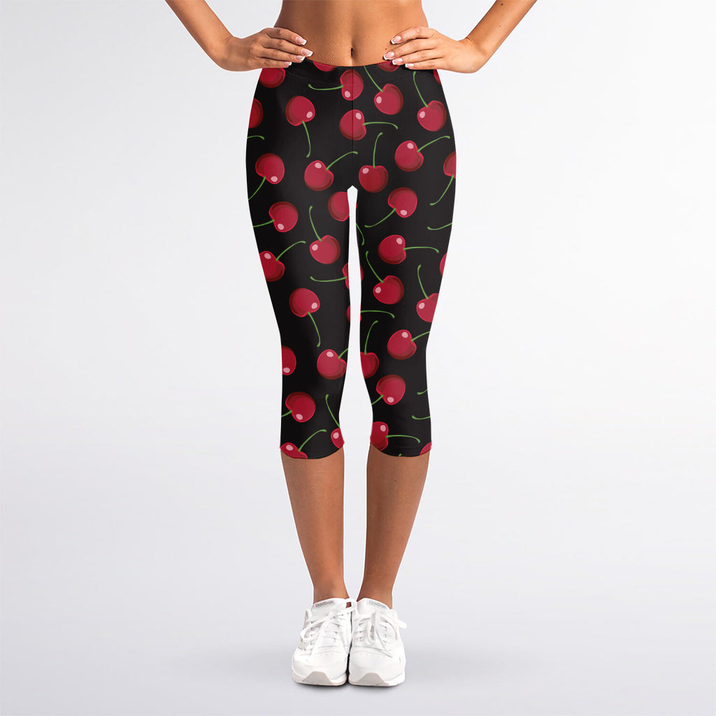 Red Cherry Pattern Print Women's Capri Leggings