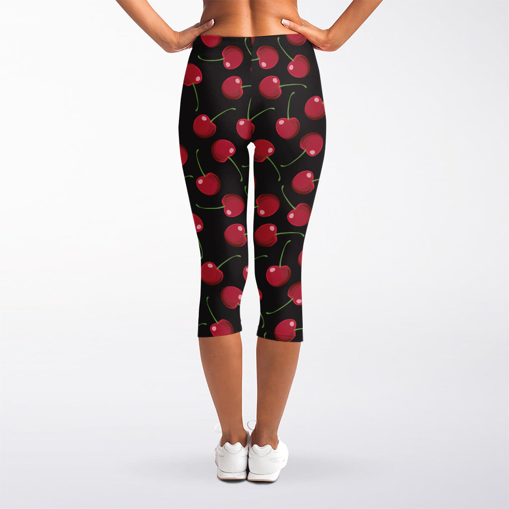 Red Cherry Pattern Print Women's Capri Leggings