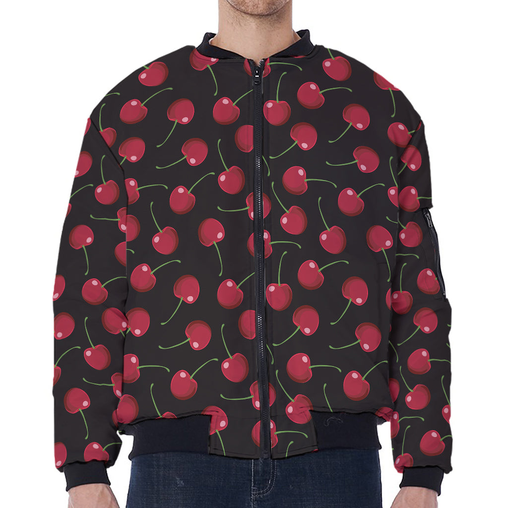 Red Cherry Pattern Print Zip Sleeve Bomber Jacket