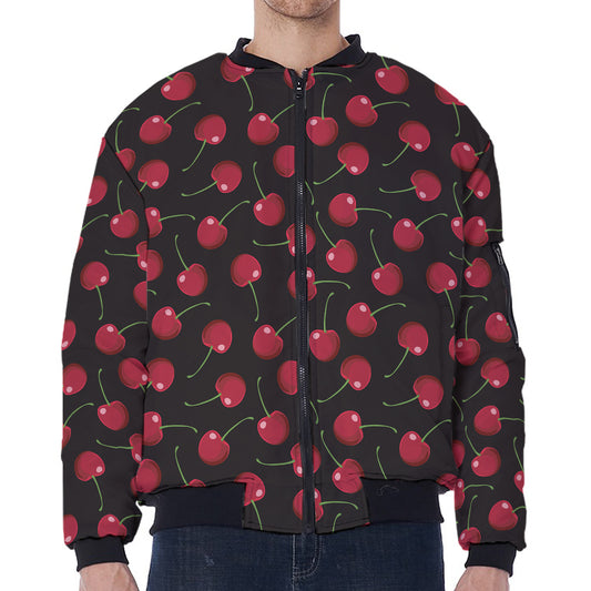 Red Cherry Pattern Print Zip Sleeve Bomber Jacket