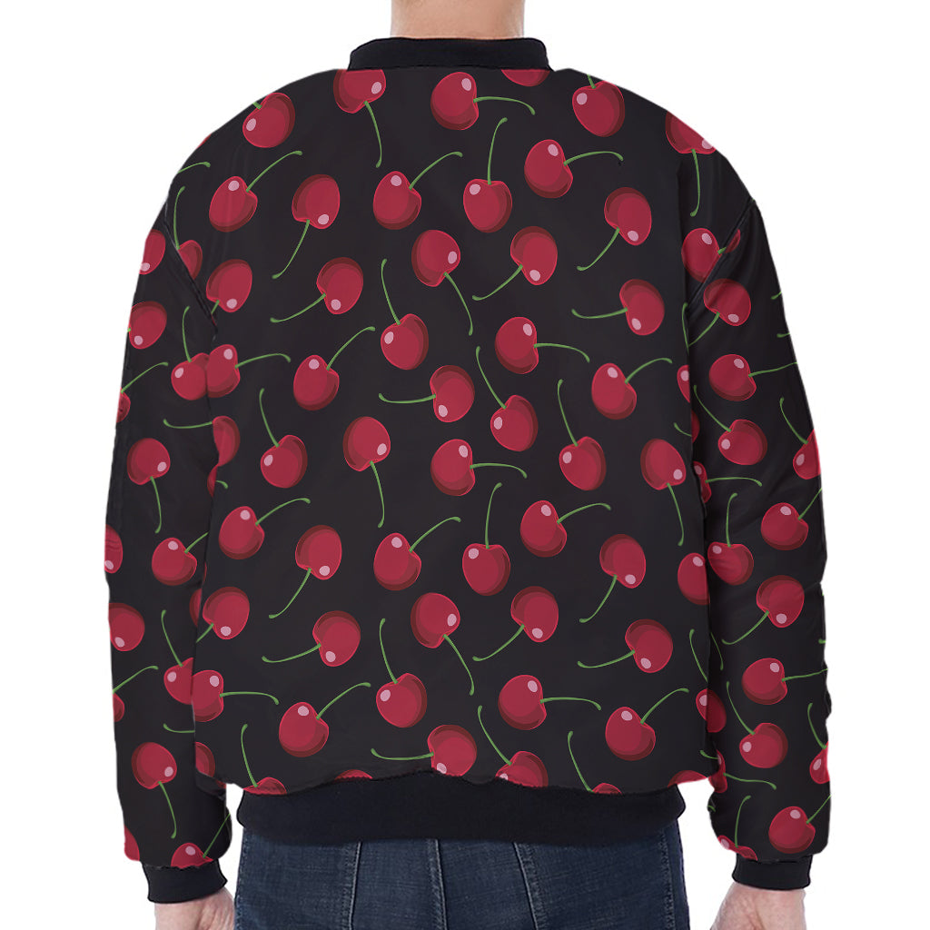 Red Cherry Pattern Print Zip Sleeve Bomber Jacket