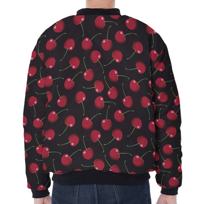 Red Cherry Pattern Print Zip Sleeve Bomber Jacket
